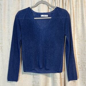 MNG Mango Metallic V-Neck Sweater Women XS Blue Excellent Shimmer Raglan Sleeve